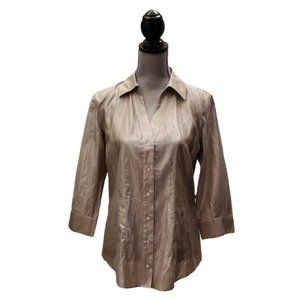 Chicos LS V-Neck Button Up Blouse | NWT | 1 (Small) | Silver Metallic